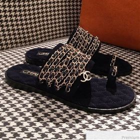 Chanel Flat Sandals G34407 Dark Blue 2019 (KL-9040816)