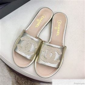 Chanel Perforated Flat Mules Sandals G34682 Light Gold 2019 (HZJ-9040825)