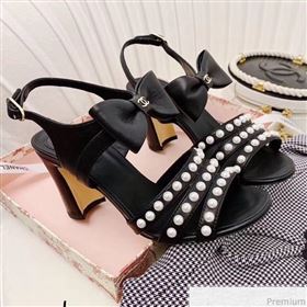 Chanel Leather Bow Pearls Heel Sandals Black 2019 (ALZ-9040836)