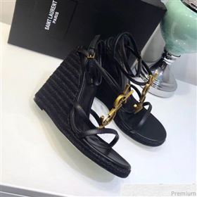 Saint Laurent Cassandra Wedge Espadrilles Sandals with Bamboo Logo in Leather 565796 Black 2019 (JC-9032761)