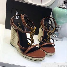 Saint Laurent Cassandra Wedge Espadrilles Sandals with Bamboo Logo in Leather 565796 Brown 2019 (JC-9032762)