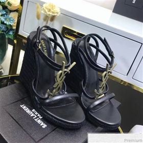 Saint Laurent Cassandra Wedge Espadrilles Sandals with Gold Logo in Leather 557208 Black 2019 (JC-9032763)