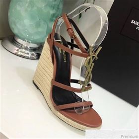 Saint Laurent Cassandra Wedge Espadrilles Sandals with Gold Logo in Leather 557208 Brown 2019 (JC-9032764)