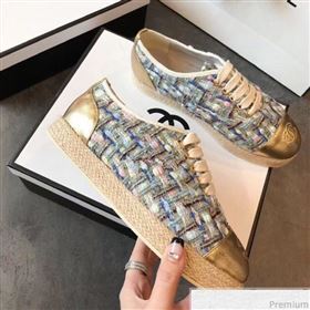 Chanel Tweed Lace-Up Espadrilles Sneakers G34424 Blue/Pink/Gold 2018 (EM-9030934)