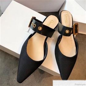 Dior Flat Leather Buckle Band Mules in Black Technical Canvas 2019 (EM-9030939)