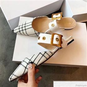 Dior Flat Leather Buckle Band Mules in Black and White Plaid 2019 (EM-9030940)