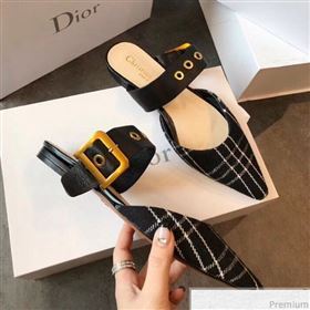 Dior Flat Leather Buckle Band Mules in Black Plaid 2019 (EM-9030942)