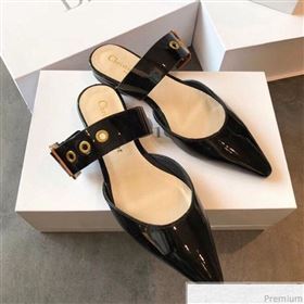 Dior Flat Leather Buckle Band Mules in Black Patent Leather 2019 (EM-9030944)