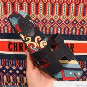 Hermes Oran Slide Flat Sandals on Print Insole Navy Blue 2019 (KL-9031118)