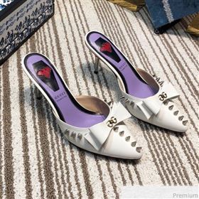 Gucci Leather Spikes Heel Mules with Bow White 2019 (DLY-9031127)