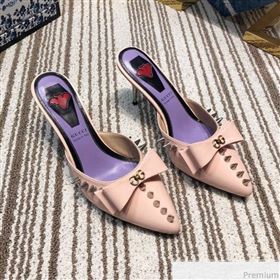 Gucci Leather Spikes Heel Mules with Bow Pink 2019 (DLY-9031128)
