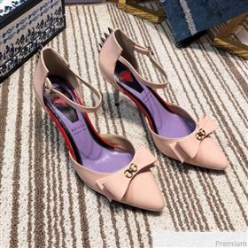 Gucci Leather Spikes Ankle Strap Heel Pumps with Bow Pink 2019 (DLY-9031131)