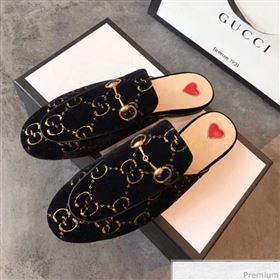 Gucci Princetown GG Velvet Flat Slipper Mules 475094 Black 2019 (EM-9030905)