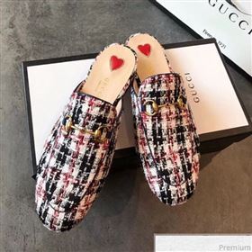 Gucci Princetown Tweed Flat Slipper Mules 475094 Black/White/Pink 2019 (EM-9030912)