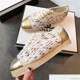 Chanel Tweed Lace-Up Espadrilles Sneakers G34424 White/Pink/Gold 2018 (EM-9030933)