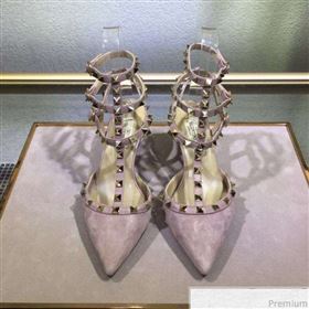 Valentino Rockstud Suede Ankle Mid-Heel Sandals Pink (XINL-9041247)
