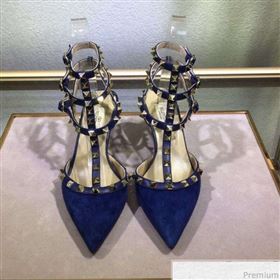 Valentino Rockstud Suede Ankle Mid-Heel Sandals Blue (XINL-9041249)