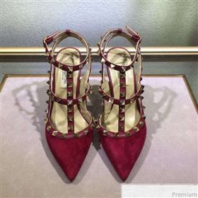 Valentino Rockstud Suede Ankle Heel Sandals Red (XINL-9041240)