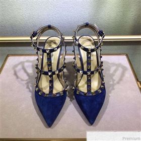 Valentino Rockstud Suede Ankle Heel Sandals Blue (XINL-9041244)