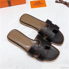 Hermes Oran H Slide Flat Sandals Black (KER-9031364)