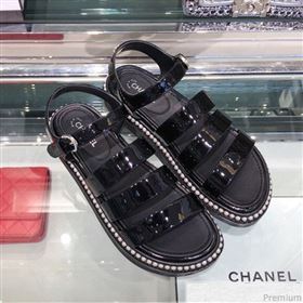 Chanel Patent Calfskin Pearls Flat Sandals G32359 Black 2019 (XO-9041630)