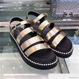 Chanel Metallic Crinkle Pearls Flat Sandals G32359 Light Gold 2019 (XO-9041632)