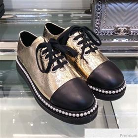 Chanel Metallic Crinkle Pearls Lace-ups Sneakers G32357 Gold 2019 (XO-9041635)