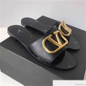 Valentino Go Logo Calfskin Flat Slide Sandals Black 2019 (HZJ-9041644)