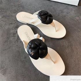 Chanel Flat Thong Sandals with Black Camellia White 2019 (EM-9031907)