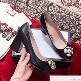 Gucci Leather Heel Pump with Bee and Pearls Black 2019 (KL-9031934)