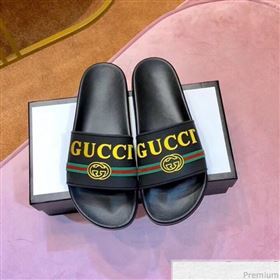 Gucci Flat Logo Rubber Slide Sandal 525140 Black/Yellow 2019(For Women and Men) (SIYA-9031942)