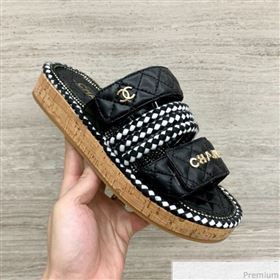 Chanel Flat Cord Slide Sandals G34603 Black/Ivory White 2019 (A8-9031948)