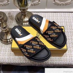 Fendi Flat Satin Slide Sandals in Embroidered Canvas and Lambskin Black 2019 (ANDI-9032004)