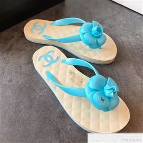 Chanel Camellia Flat Slide Sandals Blue 2019 (EM-9042809)