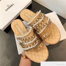 Chanel Pearls Lambskin Flat Sandals G34407 Apricot 2019 (EM-9042815)