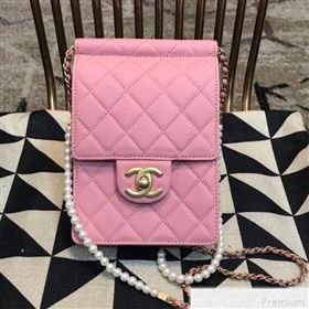 Chanel Lambskin Pearl Flap Clutch with Chain AP0367 Pink 2019 (JDH-9041817)