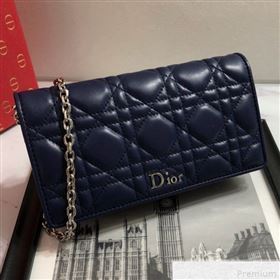 Dior Lady Dior Leather Clutch with Chain Navy Blue (BFS-9041904)