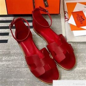 Hermes Santorini Grained Calfskin Flat Sandals Red 2019 (KQN-9042621)