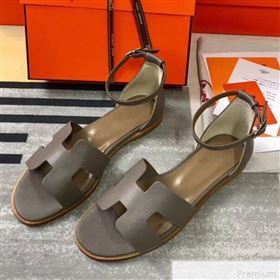 Hermes Santorini Grained Calfskin Flat Sandals Grey 2019 (KQN-9042620)