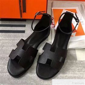 Hermes Santorini Grained Calfskin Flat Sandals Black 2019 (KQN-9042622)