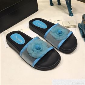 Chanel Camellia Mesh Flat Slide Sandals G34754 Blue 2019 (ANDI-9042006)