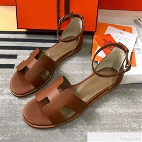 Hermes Santorini Grained Calfskin Flat Sandals Brown 2019 (KQN-9042623)