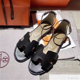 Hermes Santorini Smooth Calfskin Flat Sandals Black 2019 (KQN-9042626)