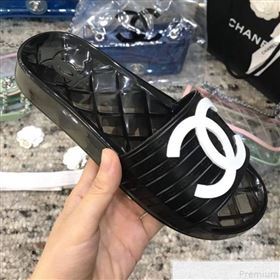 Chanel Flat Transparent Color CC Slide Sandals Black/White 2019 (KQN-9050767)