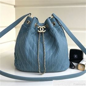 Chanel Chevron Pleated Bucket Bag Blue 2019 (YD-9043012)