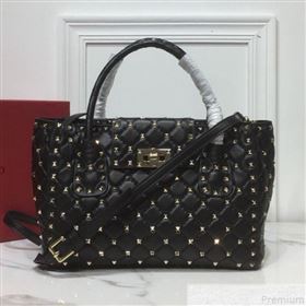 Valentino Rockstud Quilted Crinkle Lambskin Tote with Buckle Band Black 2019 (XYD-9050935)