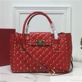 Valentino Rockstud Quilted Crinkle Lambskin Tote with Buckle Band Red 2019 (XYD-9050936)