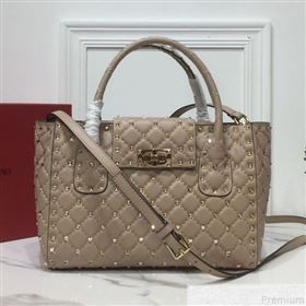 Valentino Rockstud Quilted Crinkle Lambskin Tote with Buckle Band Beige 2019 (XYD-9050937)