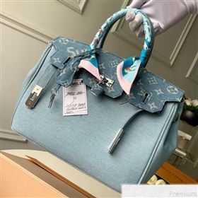 Louis Vuitton x Supreme Denim Humble Travel Birkin 30cm Top Handle Bag M48888 Denim Blue 2019 (KD-9050835)
