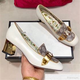 Gucci Leather GG Mid-heel Slide Pump with Feline Head Buckle White 2019 (DLY-9051641)